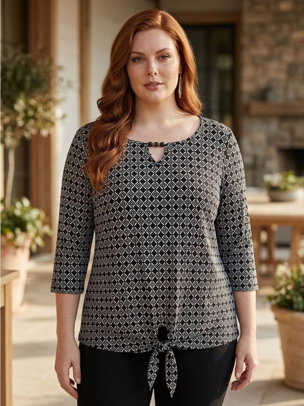 Kim Rogers Black & White Geometric Tie-Front Top - Picture 2 of 9